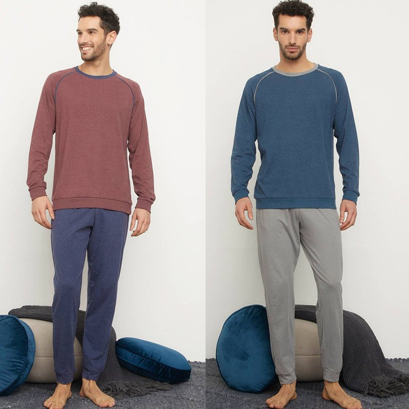 Mens cotton pajamas spring and autumn leisure comfortable long sleeve long two piece set