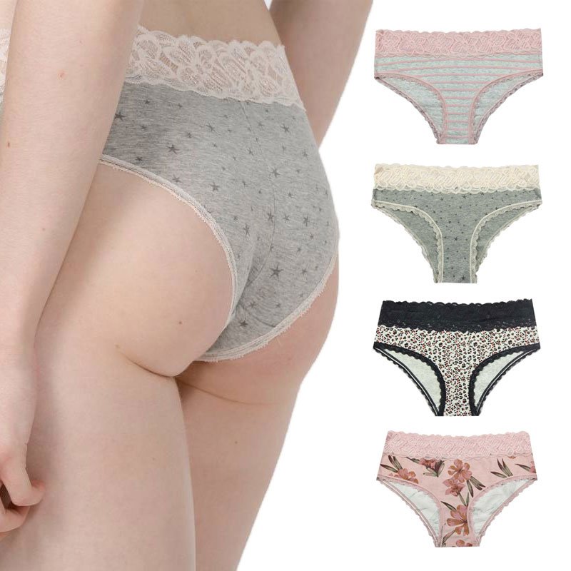 Womens cotton low rise panties with lace hem