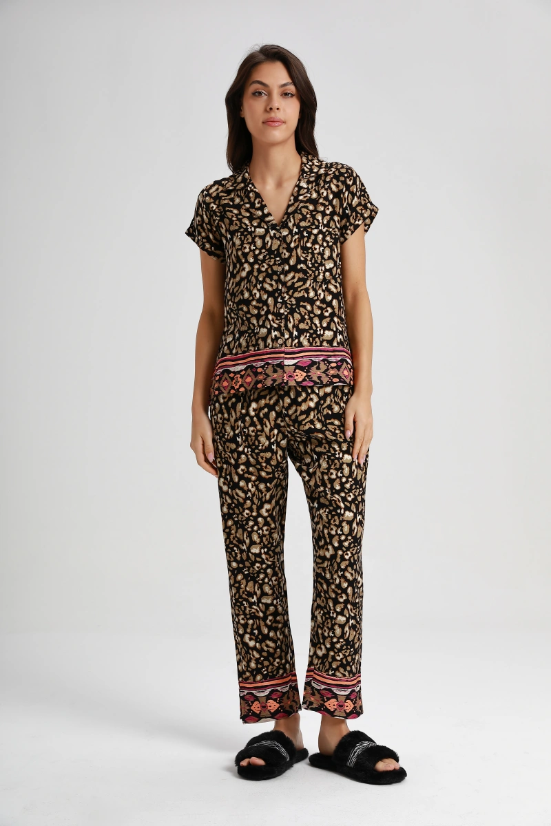 woven twill short top long pant pajamas set