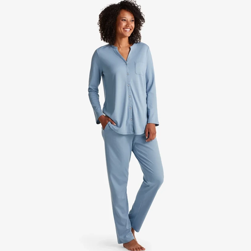 blue button up pajama set