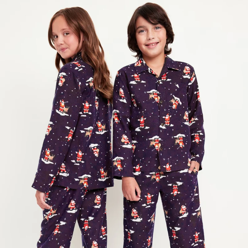 gender neutral printed button front pajama set for kids
