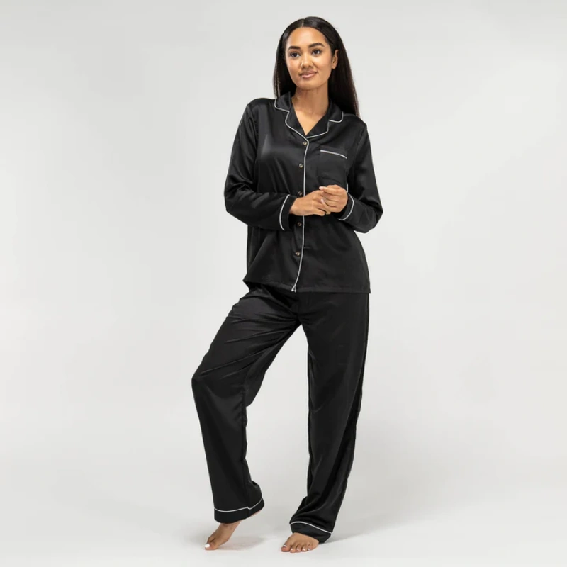 Pyjama Femme Satin Soie Manches Longues Boutonné - Ensemble 2 Pièces Confort Luxe Pantalon Large Poches