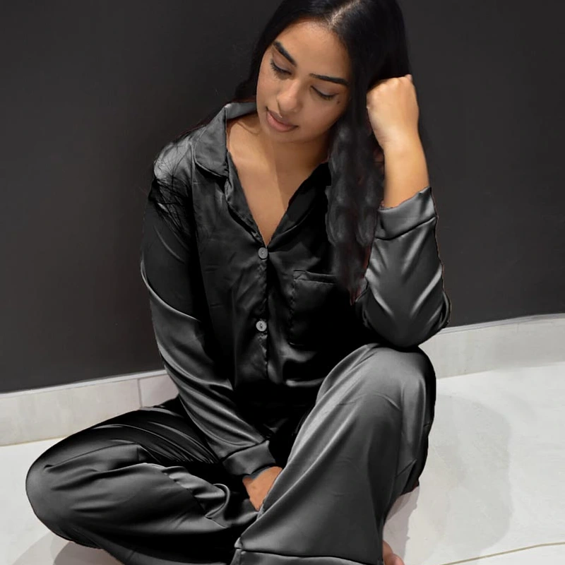 black satin pajamas women's