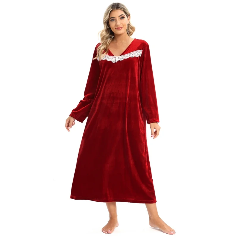 v neck fleece nightgowns for women
