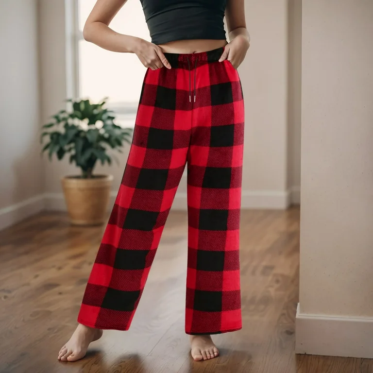 red fuzzy plaid pajama pants