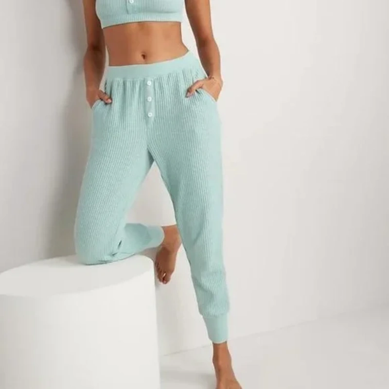 high waisted waffle knit pajama jogger pants for women