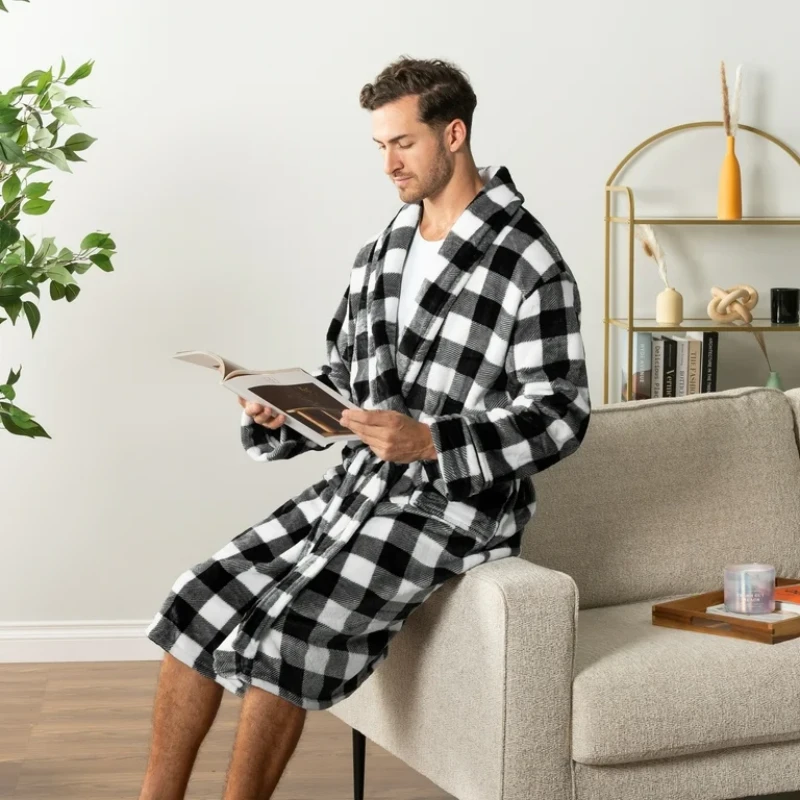 black and white plaid robe