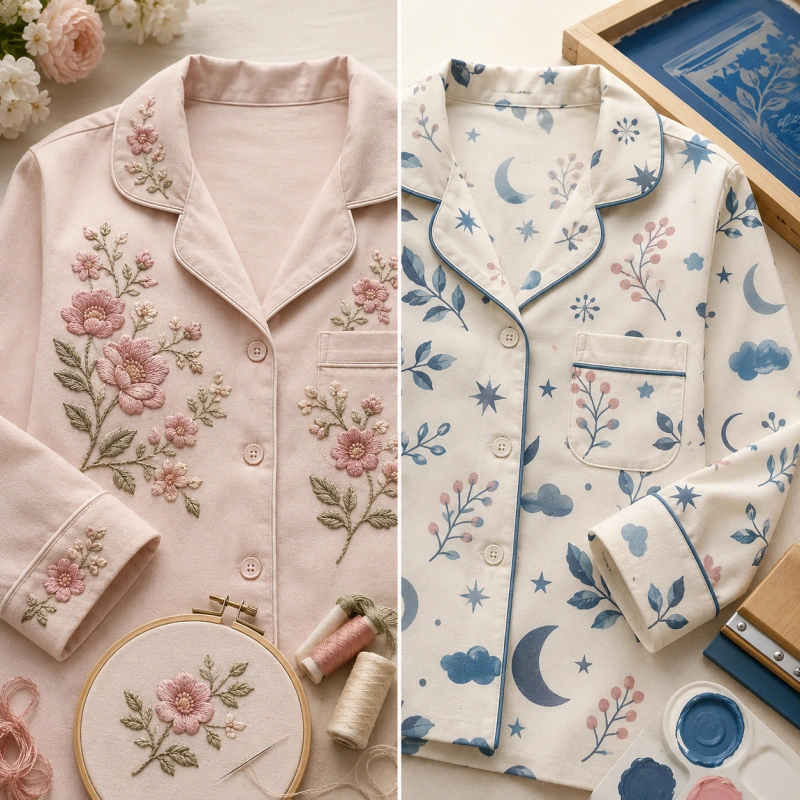 pajama embroidery vs printing