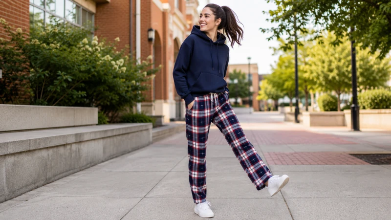 plaid pajama pants and solid hoodie